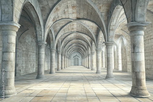 Stone colonnade, arched ceiling, ancient hall.