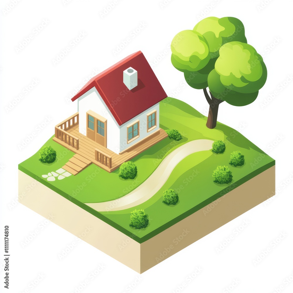 Isometric illustration of a cozy house with a garden and a tree. Isometric illustration of a cozy house with a garden and a tree.