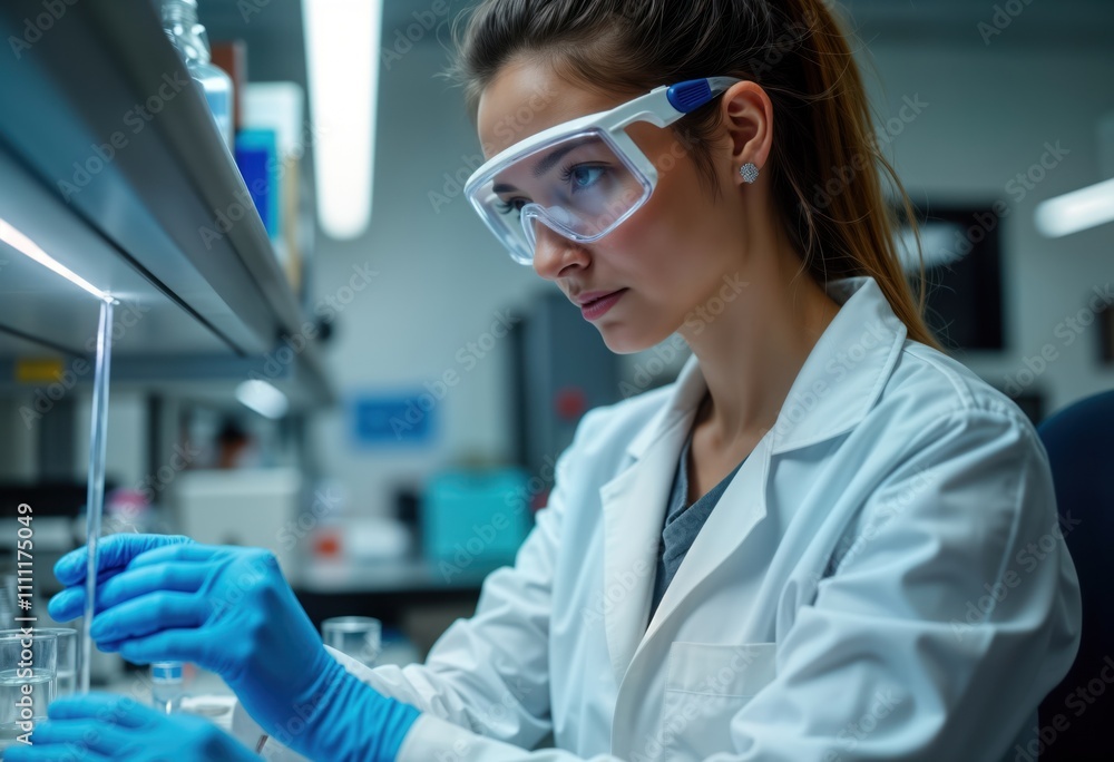 Female scientist conducts experiment in lab. She wears safety goggles and lab coat. Focused on chemical process. She uses equipment like glassware and blue gloves. Modern biotech research in progress. Female scientist conducts experiment in lab. She wears safety goggles and lab coat. Focused on chemical process. She uses equipment like glassware and blue gloves. Modern biotech research in progress.