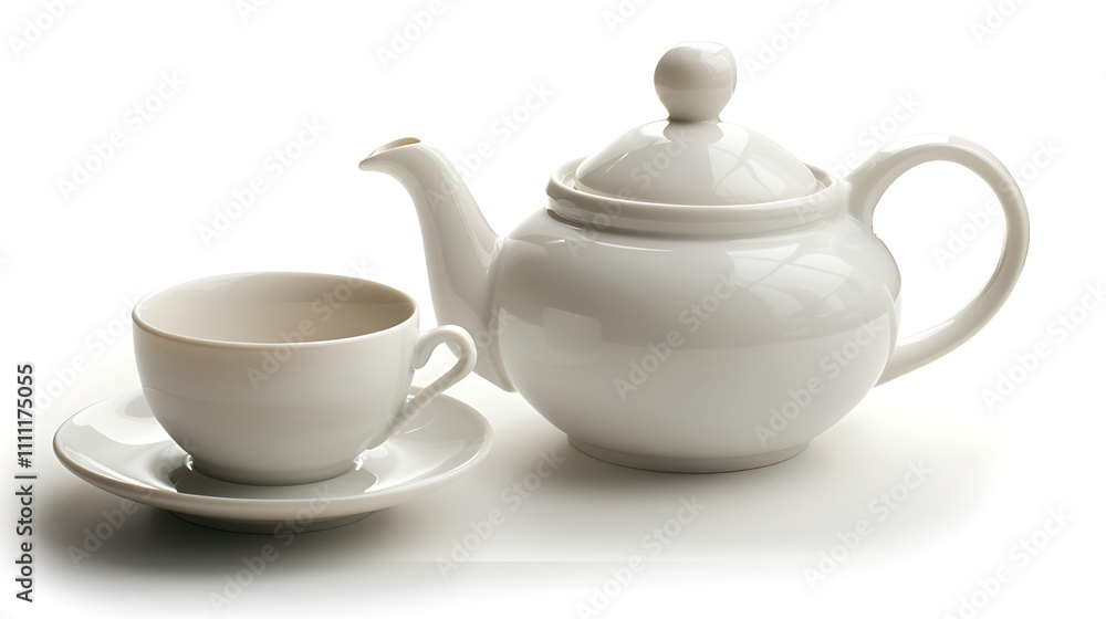 A white ceramic teapot with a matching cup on a white surface A white ceramic teapot with a matching cup on a white surface