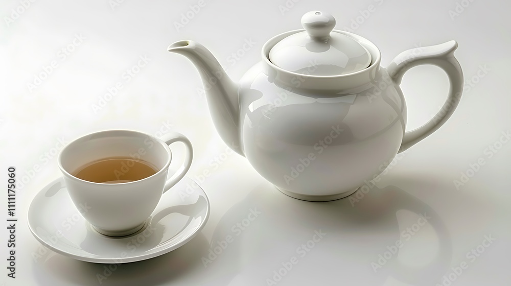 A white ceramic teapot with a matching cup on a white surface A white ceramic teapot with a matching cup on a white surface