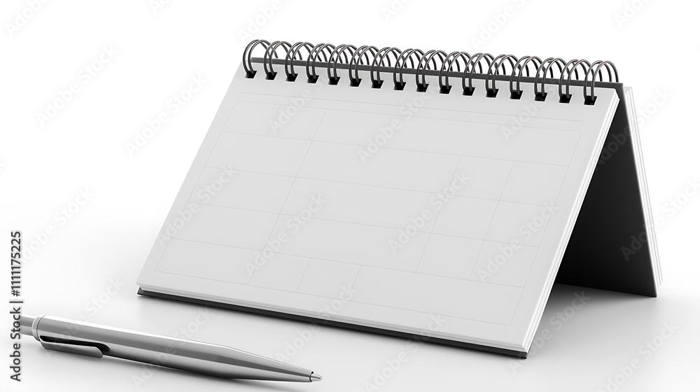 A white desk calendar with a pen on a white surface A white desk calendar with a pen on a white surface