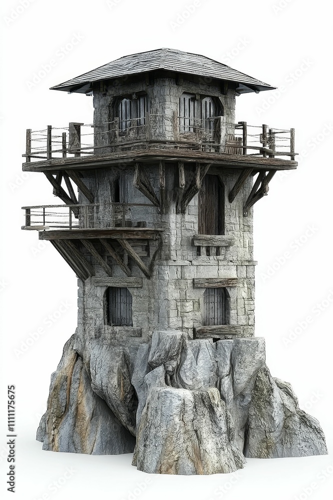 Stone tower, weathered wood, clifftop perch. Stone tower, weathered wood, clifftop perch.