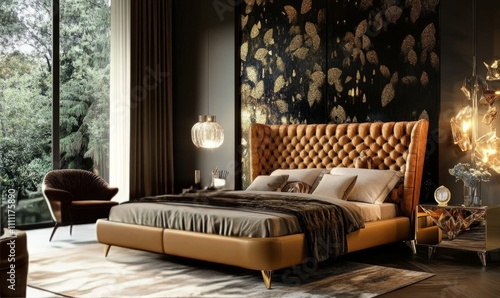 Elegant bedroom with an aluminium metal coffe table near kingside bed. Metallic and golden shades in the room interior photo