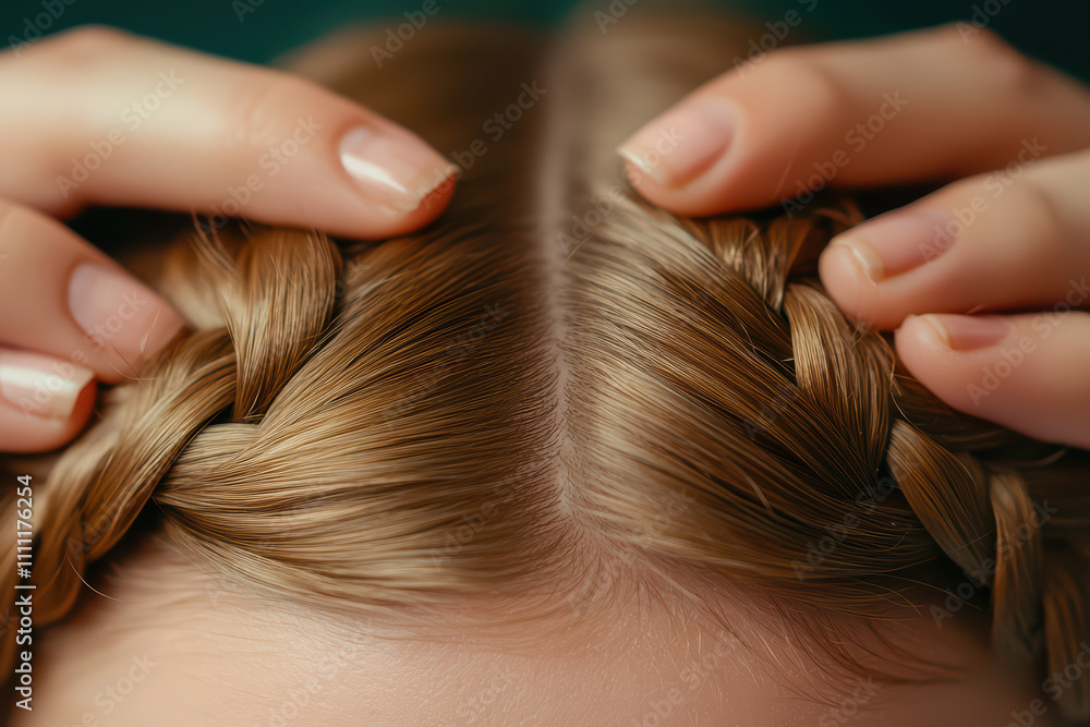 Beautifully braided hair is gently held by delicate hands, showcasing intricate details and polished look. This close up captures elegance and care involved in hairstyling Beautifully braided hair is gently held by delicate hands, showcasing intricate details and polished look. This close up captures elegance and care involved in hairstyling