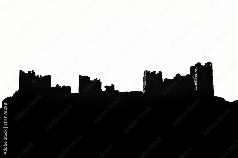 Black silhouette of ruined fortress against white sky. Black silhouette of ruined fortress against white sky.