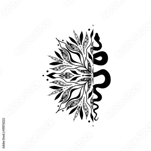 Tattoo snake. Traditional black snake and mandala ink. Isolated illustration....