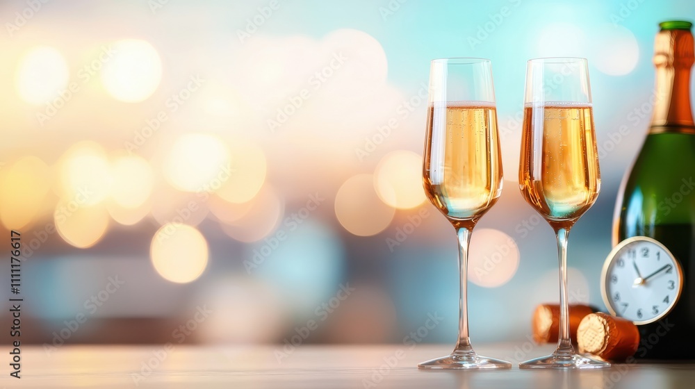 Two filled champagne glasses stand next to a champagne bottle and a clock, against a backdrop of warm blurred lights symbolizing celebration and anticipation. Two filled champagne glasses stand next to a champagne bottle and a clock, against a backdrop of warm blurred lights symbolizing celebration and anticipation.