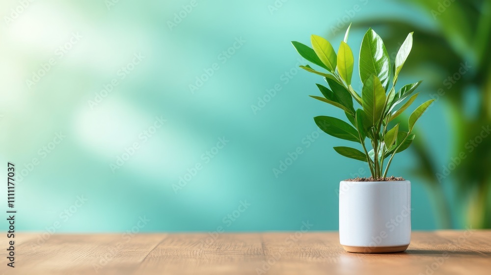 A minimalist image showcasing a healthy green potted plant on a wooden table set against a teal background, elegantly capturing nature and tranquility indoors. A minimalist image showcasing a healthy green potted plant on a wooden table set against a teal background, elegantly capturing nature and tranquility indoors.