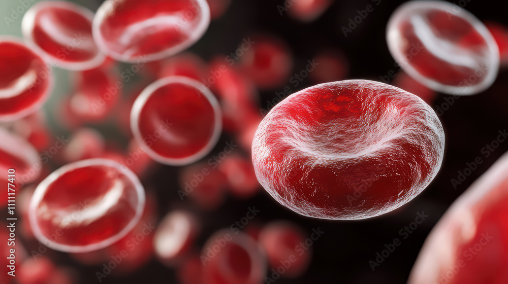 Detailed view of red blood cells in bloodstream, showcasing their unique structure and vibrant color. This highlights essential role of blood in human body Detailed view of red blood cells in bloodstream, showcasing their unique structure and vibrant color. This highlights essential role of blood in human body