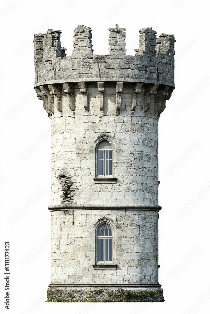 Stone tower, weathered, two windows, crenellations. Stone tower, weathered, two windows, crenellations.