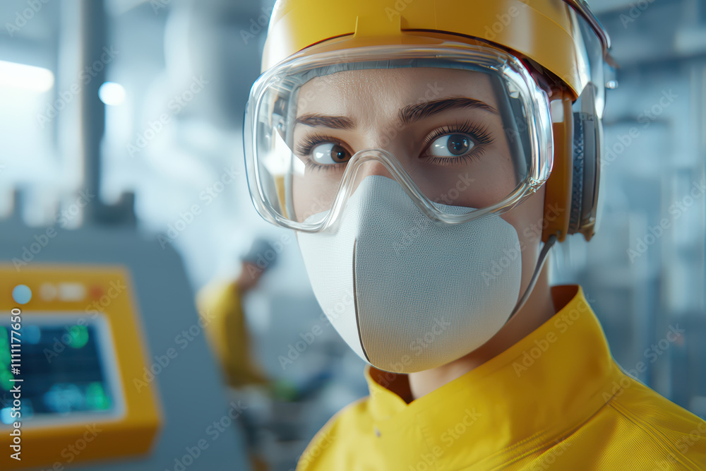 female worker in safety suit and gear, focused in industrial setting, showcases dedication and professionalism. Her protective equipment highlights safety in workplace female worker in safety suit and gear, focused in industrial setting, showcases dedication and professionalism. Her protective equipment highlights safety in workplace
