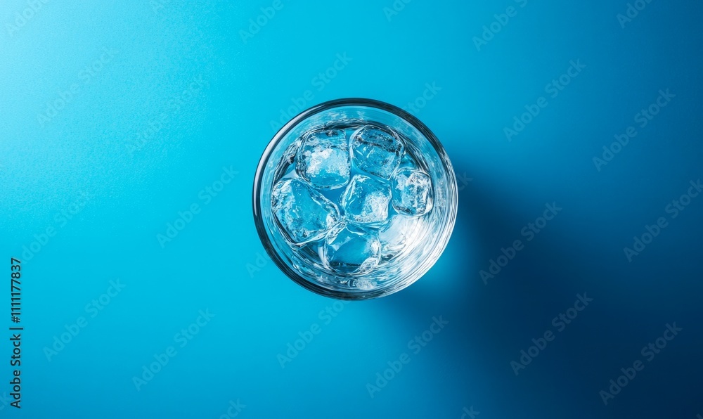 Glass of water with ice standing on blue background. Top view, isolated. Glass of water with ice standing on blue background. Top view, isolated.