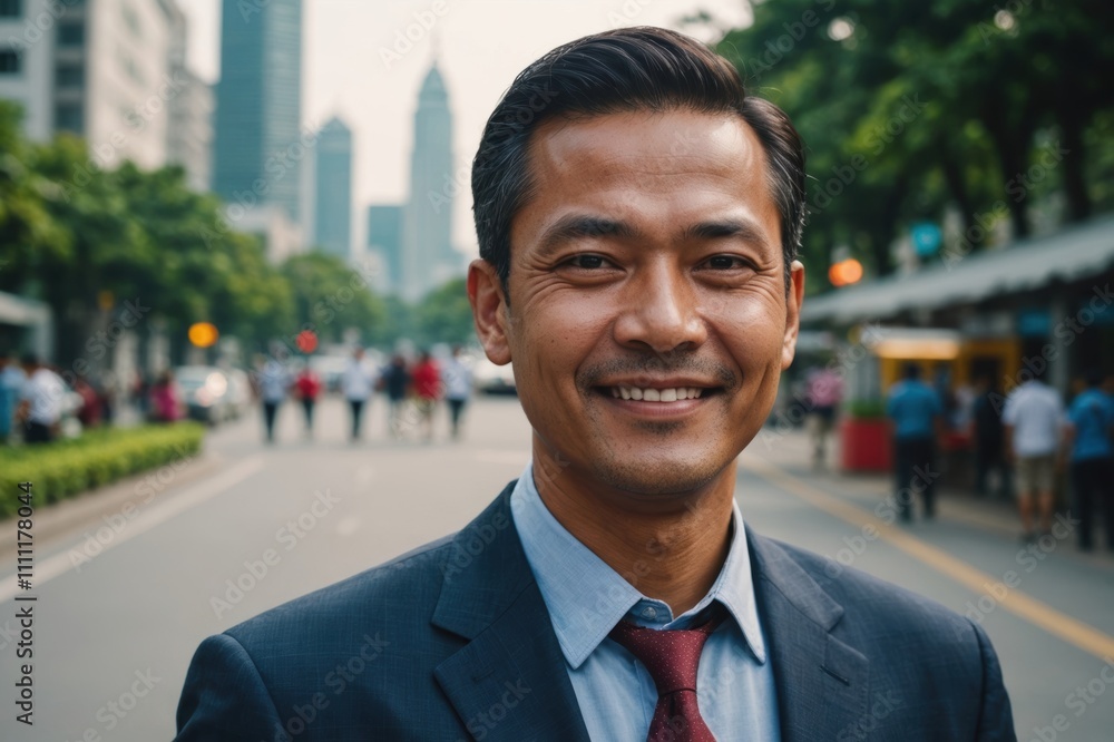 Close portrait of a smiling 40s Malaysian businessman looking at the camera, Malaysian big city outdoors blurred background Close portrait of a smiling 40s Malaysian businessman looking at the camera, Malaysian big city outdoors blurred background