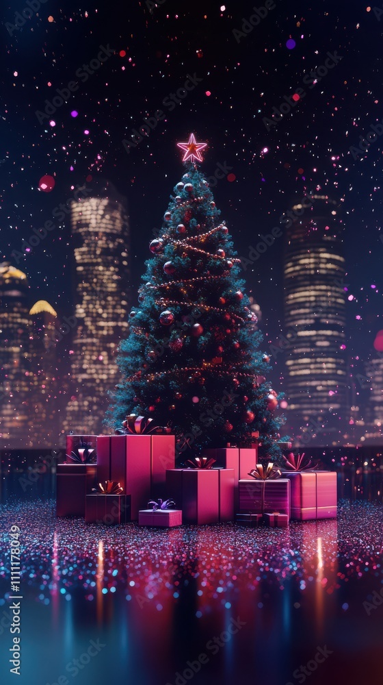 Christmas tree with gifts and blurry city skyline in the background Christmas tree with gifts and blurry city skyline in the background