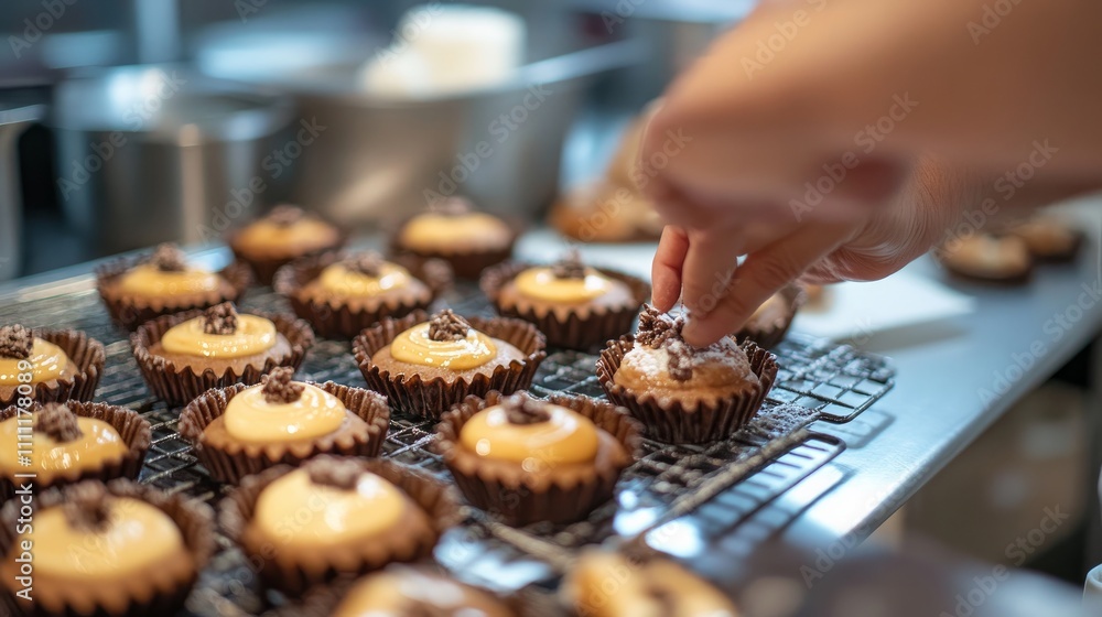 In a professional kitchen, a pastry chef of the highest caliber finishes up a delicious dessert. The chef is getting ready to serve the dessert to the patrons. In a professional kitchen, a pastry chef of the highest caliber finishes up a delicious dessert. The chef is getting ready to serve the dessert to the patrons.