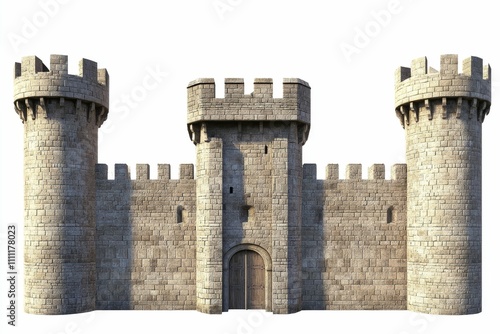 Stone castle wall, two towers, arched gate. photo