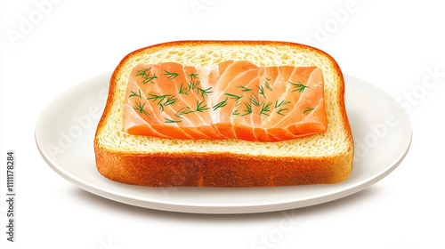 Fresh salmon slice on toasted bread garnished with herbs, served on plate. This dish is perfect for light meal or appetizer