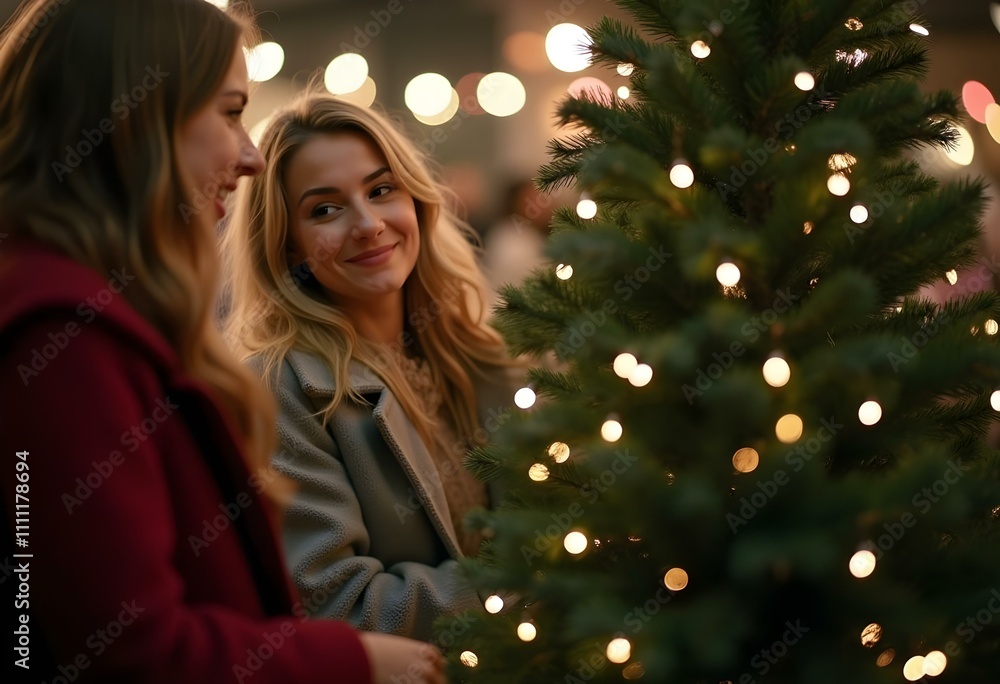 Beautiful young woman buys a Christmas tree at the fair. She chooses a beautiful Christmas tree for her home interior. New Year's holiday concept Beautiful young woman buys a Christmas tree at the fair. She chooses a beautiful Christmas tree for her home interior. New Year's holiday concept