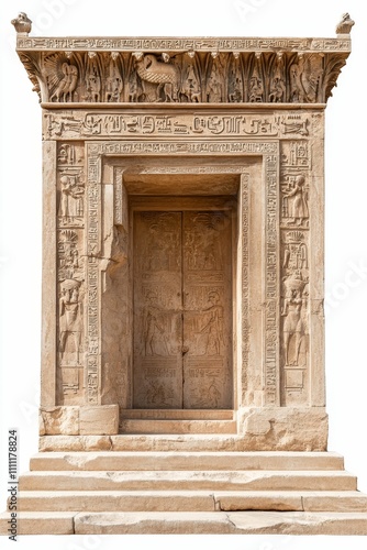 Ancient stone gateway  carved figures  hieroglyphs.