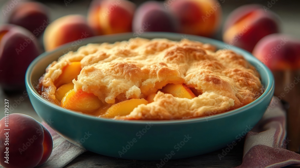 Delicious homemade peach cobbler with a flaky pastry topping. Juicy peaches are baked in a sweet sauce. Sweet dessert in a teal bowl. Freshly baked sweet dish ready to eat. Delicious homemade peach cobbler with a flaky pastry topping. Juicy peaches are baked in a sweet sauce. Sweet dessert in a teal bowl. Freshly baked sweet dish ready to eat.