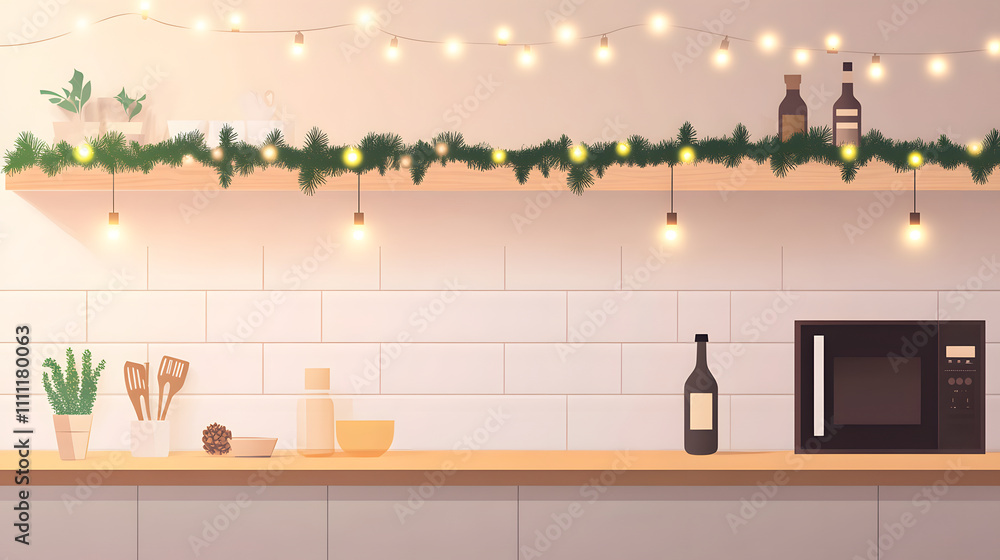 A kitchen shelf adorned with fairy lights, holiday greens, and kitchenware. A kitchen shelf adorned with fairy lights, holiday greens, and kitchenware.