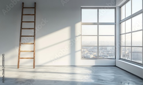 Empty modern room with a wooden ladder by the window. Concept of renovation  minimalism  and interior design.