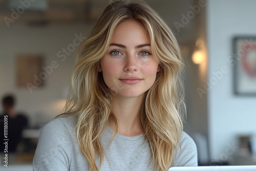 Free Download A photo of a businesswoman working on her laptop in a white office, wearing a light grey shirt and having blonde hair.


 - GFXLoad