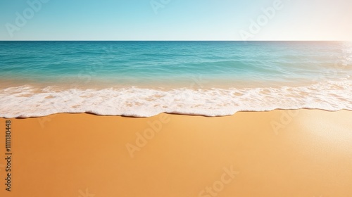 A stunning view of a sandy coastline with turquoise waters and clear blue skies, offering a sense of escape, peace, and the allure of the open sea. photo