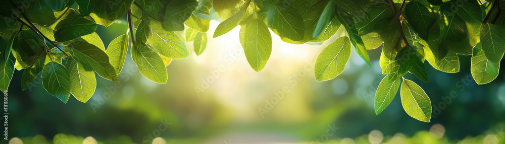 Obraz premium Sunlit leaves create serene natural ambiance in forest, enhancing peaceful atmosphere with vibrant greenery and soft light filtering through