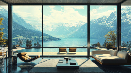A 3D rendering of a modern living room with expansive large windows that offer breathtaking views of the mountains  ocean  and a pool. 
