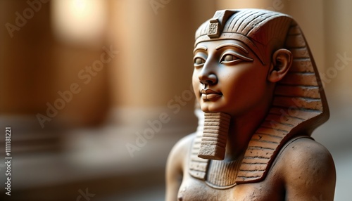 Ancient stone figurine of Egyptian Ushabti. Closeup view of detailed features. Symbolic figure representing servant in afterlife. Stone sculpture evokes ancient Egyptian religion, beliefs about life photo