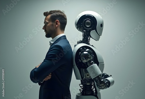 Businessman standing back to back with robot