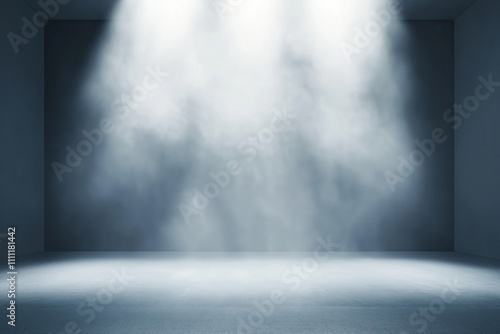 Empty studio interior with dark grey, black gradient background. Blurred lighting effect creates dramatic ambiance. Ideal for product display. Versatile backdrop for diverse items. Modern minimalist photo