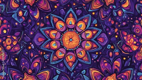 Vibrant Mandala: Psychedelic Purple, Orange, and Blue Floral Design photo