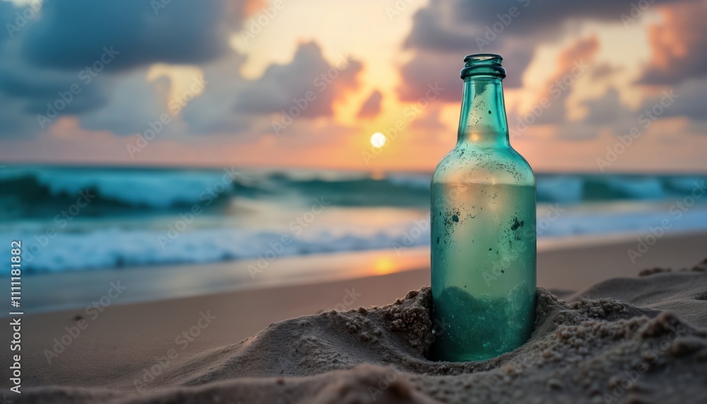 Old glass bottle sits in sand on beach. Beautiful seascape with blue ocean, cloudy sky at sunset. Empty bottle. Relaxing tropical shore scenery. Vintage object. Environmental eco-friendly concept. Old glass bottle sits in sand on beach. Beautiful seascape with blue ocean, cloudy sky at sunset. Empty bottle. Relaxing tropical shore scenery. Vintage object. Environmental eco-friendly concept.