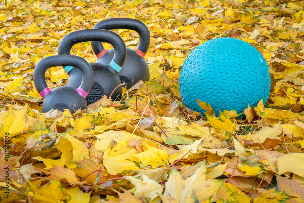 Φωτογραφία heavy exercise kettlebells and a slam ball in fall color leaves - outdoor fitnes