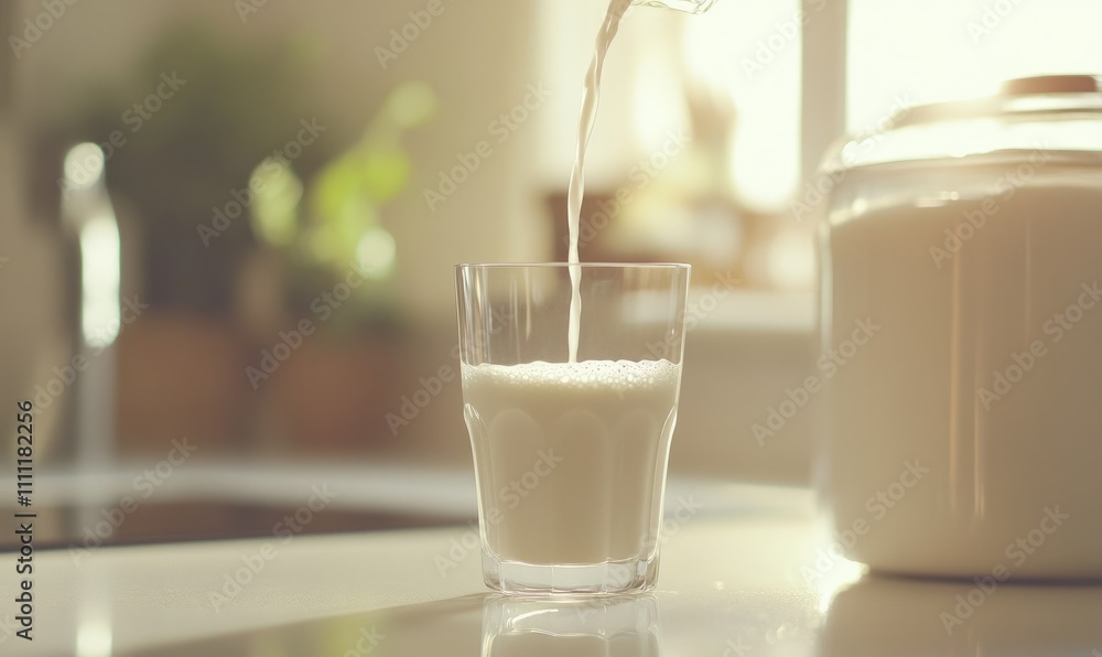 Pouring fresh milk into a glass with a soft, bright kitchen background, highlighting simplicity and freshness for a healthy dairy concept. Pouring fresh milk into a glass with a soft, bright kitchen background, highlighting simplicity and freshness for a healthy dairy concept.