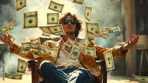 man under money fly rain. Jackpot winner in the lottery, rich man under money rain