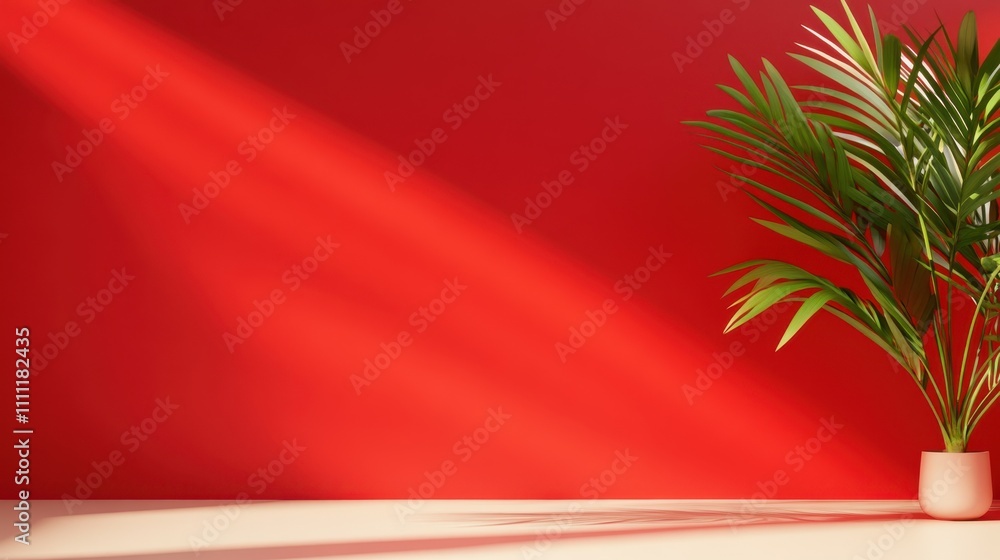Sunlit scene featuring a minimalist green plant in a pot against a vibrant red wall, creating bold shadows and a visually calming environment. Sunlit scene featuring a minimalist green plant in a pot against a vibrant red wall, creating bold shadows and a visually calming environment.