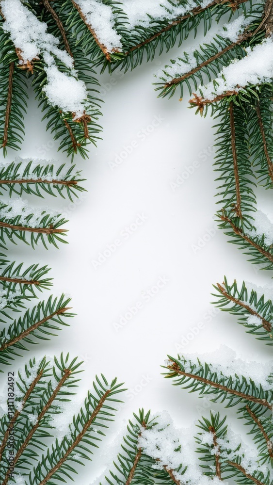 Snow covered pine tree branch with a white background, frame , space for text Snow covered pine tree branch with a white background, frame , space for text