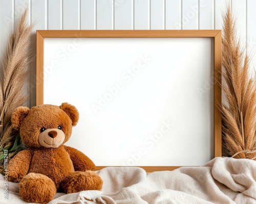 A cute teddy bear sits next to a blank frame draped on cozy fabric, with pampas grass accents in the background, offering a warm and comforting vibe.