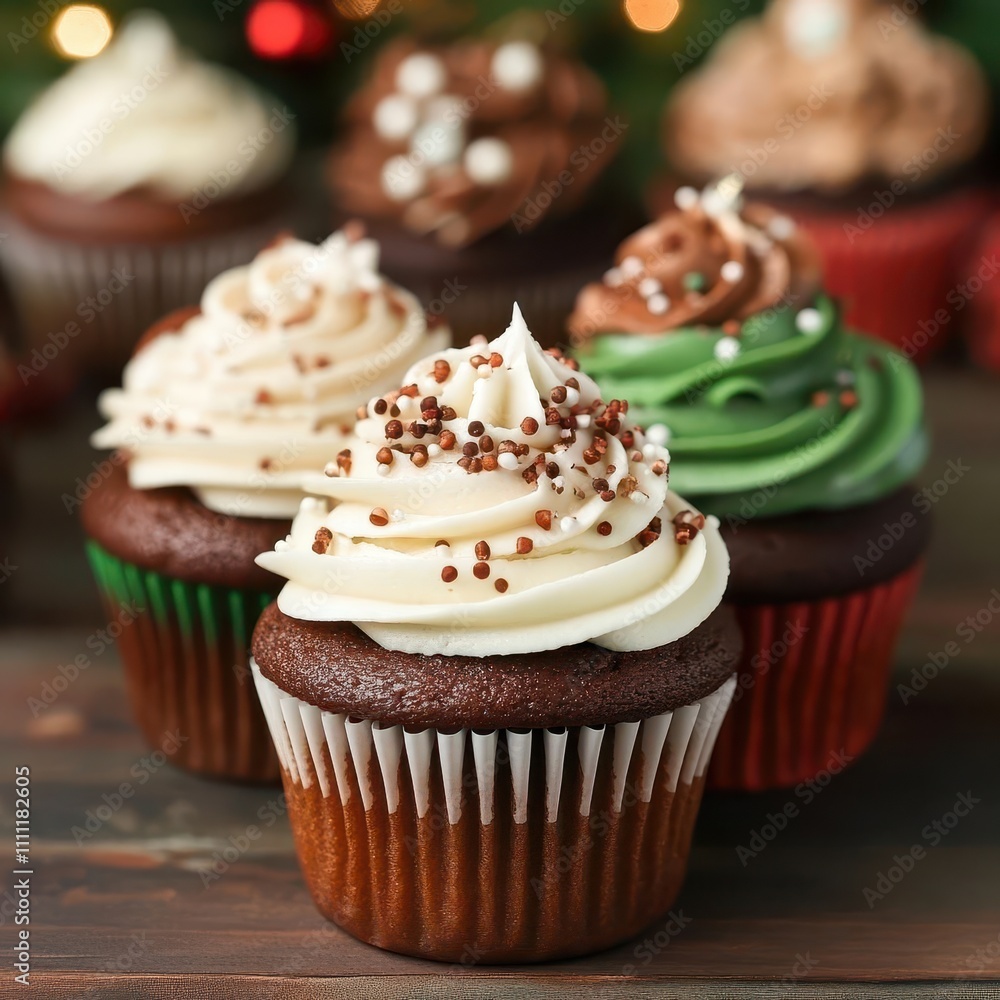 Frosted cupcakes arranged on a holiday-themed table, warm lighting and festive colors Frosted cupcakes arranged on a holiday-themed table, warm lighting and festive colors