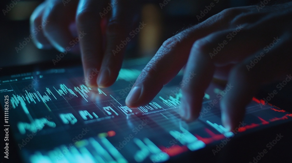 Close-up of hands interacting with a digital screen displaying data analytics. Close-up of hands interacting with a digital screen displaying data analytics.