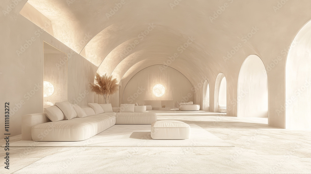 A 3D illustration of a minimal modern living room featuring a cozy sofa and carpet in soothing white and beige tones. A 3D illustration of a minimal modern living room featuring a cozy sofa and carpet in soothing white and beige tones.