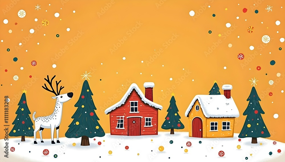 Obraz premium Cozy Christmas Village Scene with Reindeer on Orange Background