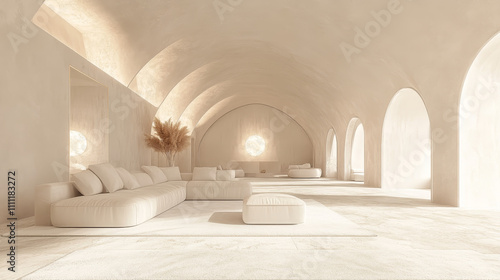 A 3D illustration of a minimal modern living room featuring a cozy sofa and carpet in soothing white and beige tones.