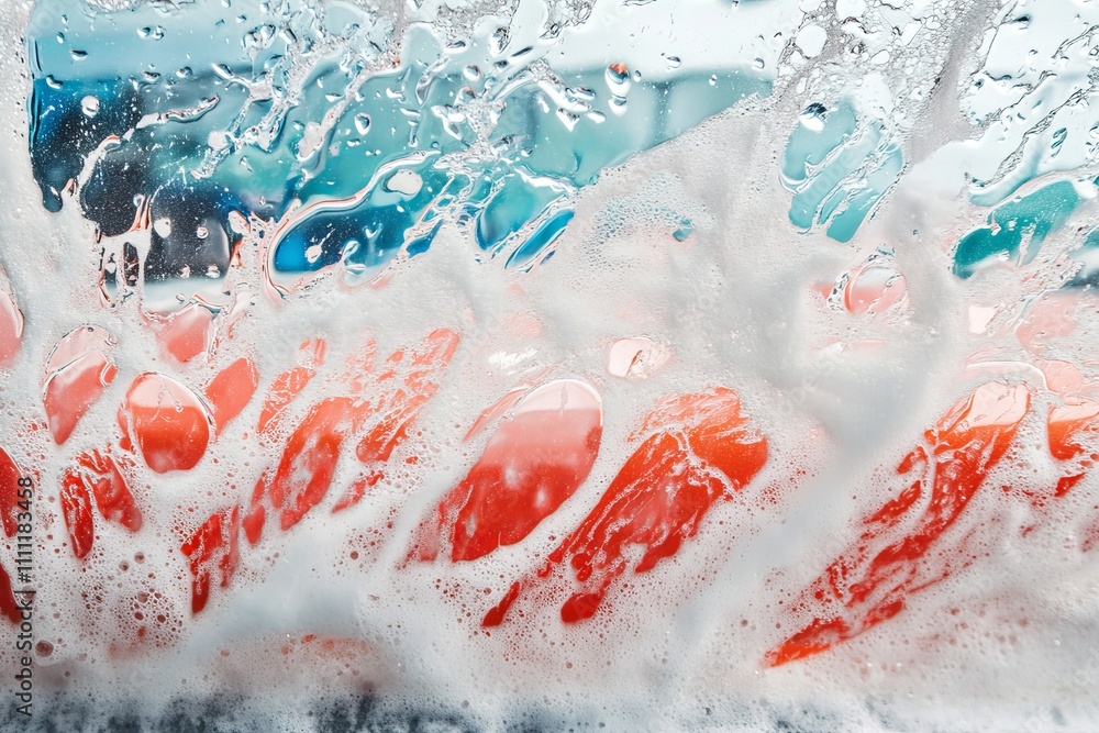 Fototapeta premium Water And Foam Cover A Car During A Wash, Showcasing Professional Cleaning Services With Soap And Shampoo. Perfect For Advertising Automobile Care.