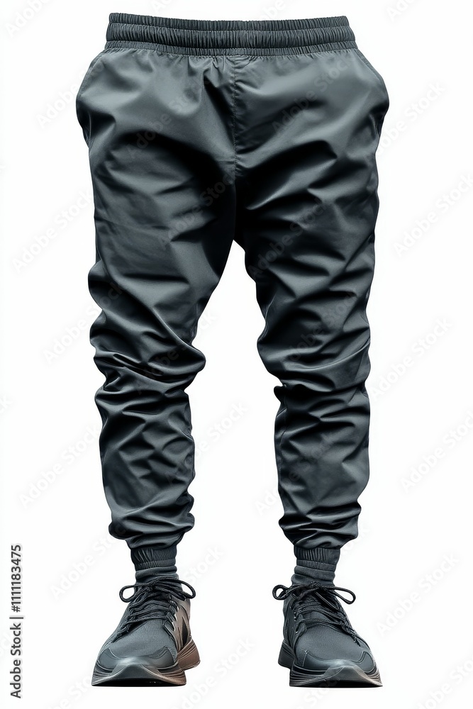 Dark gray sweatpants, elastic waistband, dark shoes. Dark gray sweatpants, elastic waistband, dark shoes.