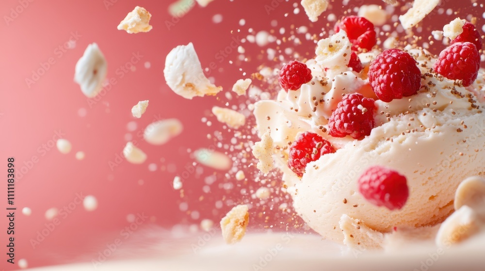 Fototapeta premium A delightful raspberry explosion within creamy ice cream, showcasing dynamic movement and capturing the essence of indulgence and joyful sensation.